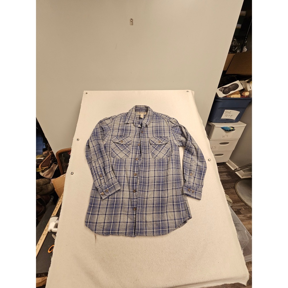 Duluth Trading Co Mens Blue Grey Plaid Flannel Button Down Shirt Trim Fit M